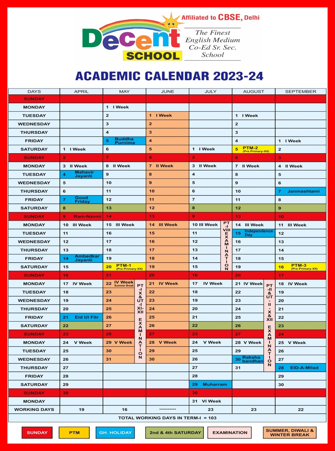 Academic Calendar Decent School Kota